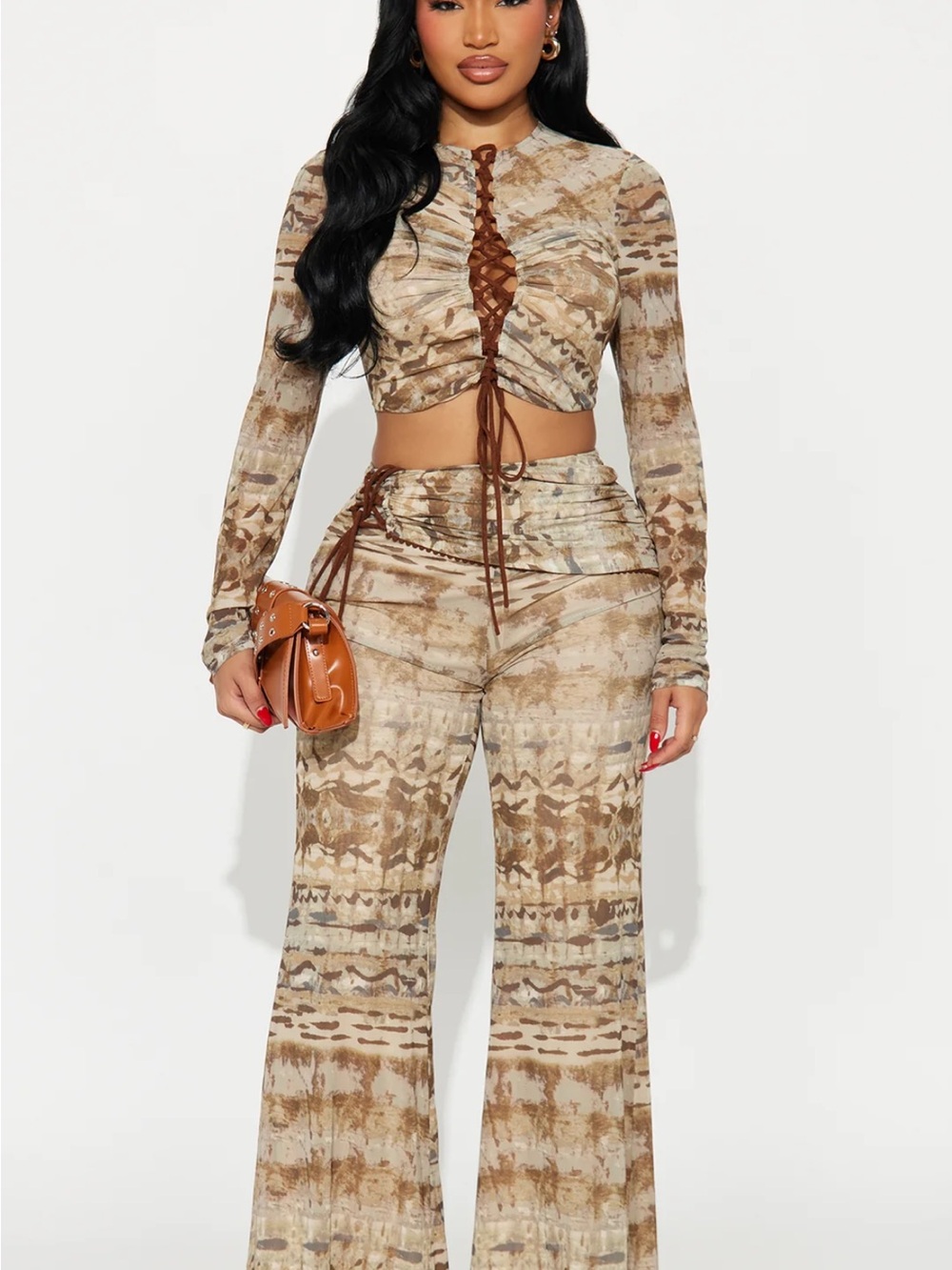 Fashion Nova Brown & Beige Tie-Dye Wide Leg Pants Set